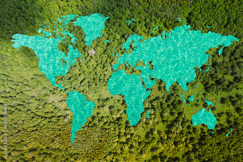 A lake in the shape of the world's continents in the middle of untouched nature. A metaphor for ecological travel, conservation, climate change, global warming and the fragility of nature.3d rendering A lake in the shape of the world's continents in the middle of untouched nature. A metaphor for ecological travel, conservation, climate change, global warming and the fragility of nature.3d rendering