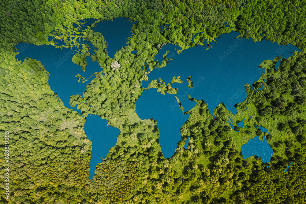 A lake in the shape of the world's continents in the middle of untouched nature. A metaphor for ecological travel, conservation, climate change, global warming and the fragility of nature.3d rendering A lake in the shape of the world's continents in the middle of untouched nature. A metaphor for ecological travel, conservation, climate change, global warming and the fragility of nature.3d rendering