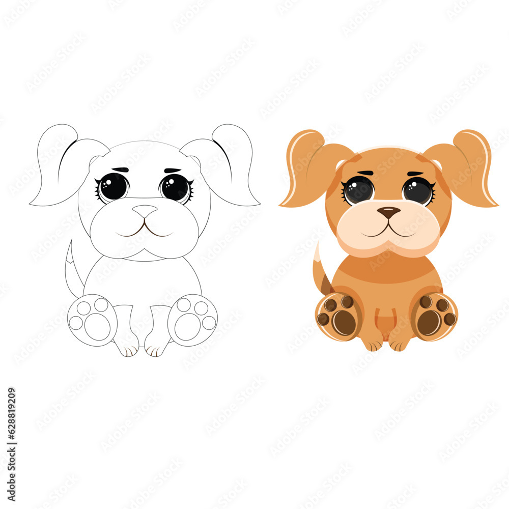 Coloring page outline of cartoon smiling cute little dog. Colorful vector illustration, summers coloring book for kids. Coloring page outline of cartoon smiling cute little dog. Colorful vector illustration, summers coloring book for kids.