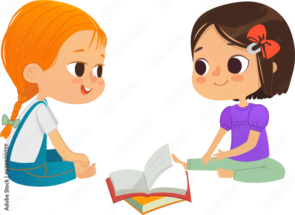 Two girls with a book sitting on floor and talk. Children's entertainment, preschool and kindergarten activity concept. Vector illustration for website, banner, poster. Two girls with a book sitting on floor and talk. Children's entertainment, preschool and kindergarten activity concept. Vector illustration for website, banner, poster.