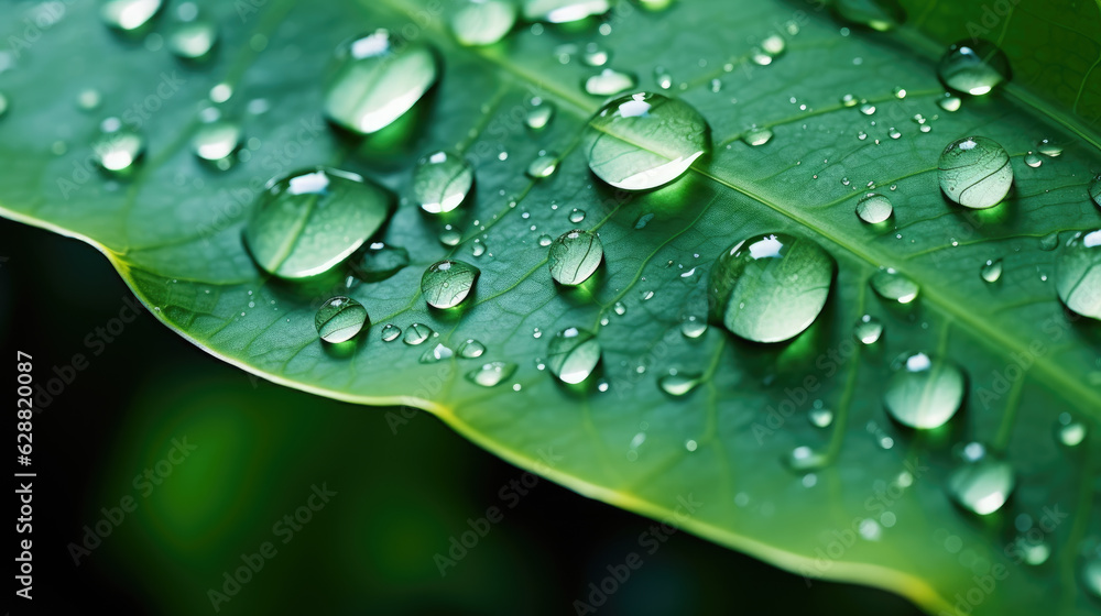 Big raindrops close up on green leaves, nature background. Generative ai Big raindrops close up on green leaves, nature background. Generative ai