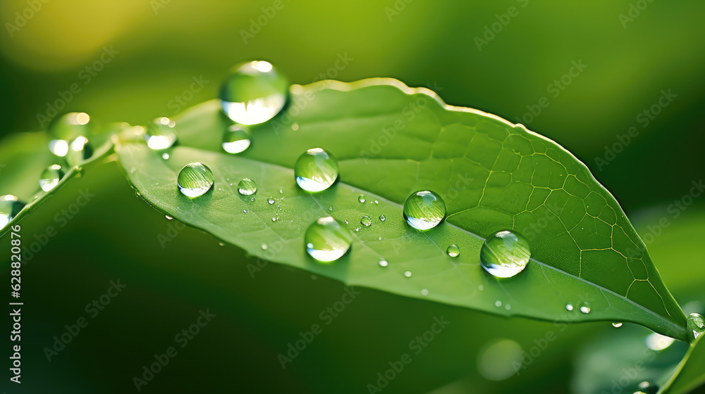 Beautiful water drops after rain on green leaf in sunlight. Generative ai Beautiful water drops after rain on green leaf in sunlight. Generative ai