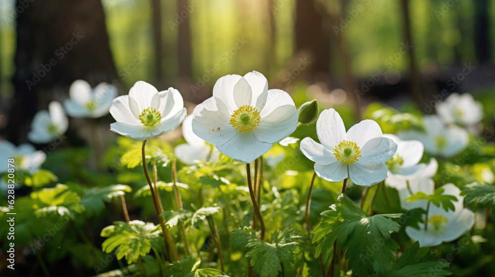 Beautiful view of anemone flowers in the sunny forest, background. Generative ai Beautiful view of anemone flowers in the sunny forest, background. Generative ai