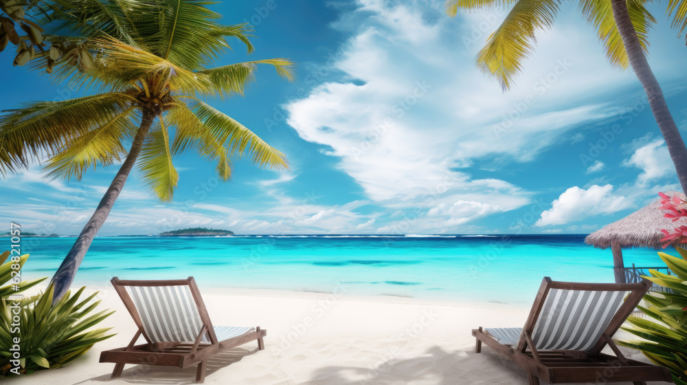 Beautiful tropical trees beach background with white sand and two sunbeds. Generative ai