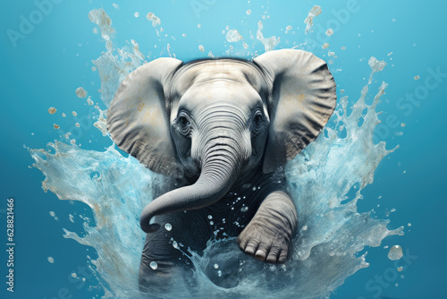Big gray elephant stepping in the middle of splashing water against light blue background, splash concept. Generative ai © LFK