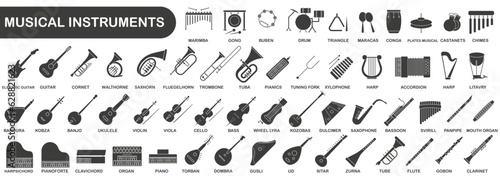 A simple set of dark hollow musical instruments. Images of various musical instruments with titles.
