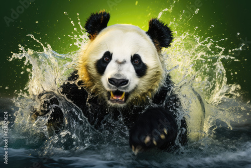 Big black and white panda among splashing water, splash themed on green background. Generative ai photo