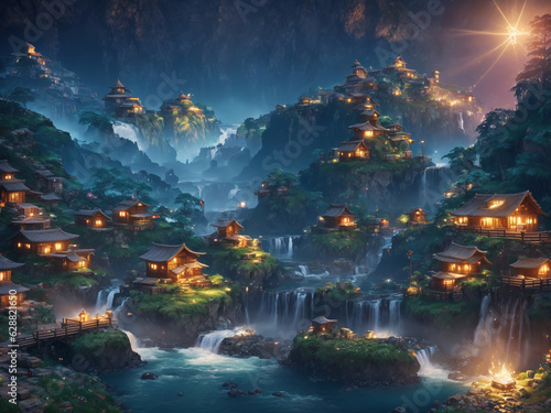 View of the countryside at dusk  with the warm orange light casting a gentle glow  unveils a mesmerizing landscape of majestic mountains and cascading waterfalls.