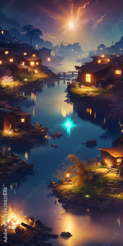 Vertical illustration showcases a mesmerizing nighttime countryside, with a winding river at its heart, bathed in a warm orange light.