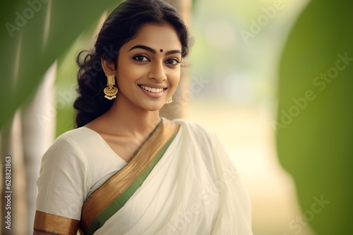 A smiling female of Indian ethnicity wearing traditional Kerala style sari and jewellery. Generative AI photo