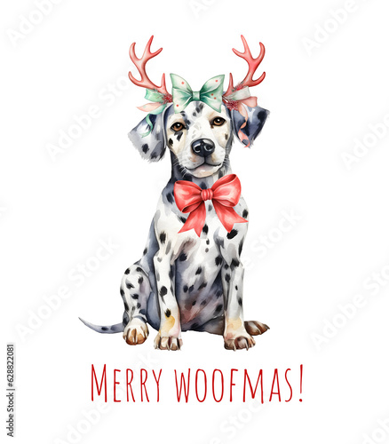 Watercolor Christmas dalmatian dog. Xmas cute dog in hat  tie and bow. Merry Christmas dalmatian. AI generated.