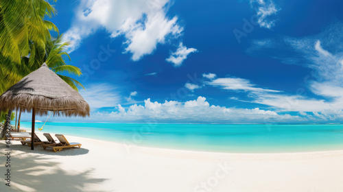 Beautiful summer beach background with white sand turquoise sea and umbrella. Generative ai