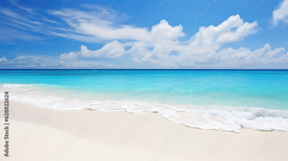 Beautiful sandy beach background with white cloudy sky and sparkling wavy calm sea. Generative ai Beautiful sandy beach background with white cloudy sky and sparkling wavy calm sea. Generative ai