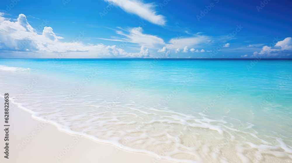 Beautiful sandy beach background with white sand and sparkling wavy calm sea. Generative ai Beautiful sandy beach background with white sand and sparkling wavy calm sea. Generative ai