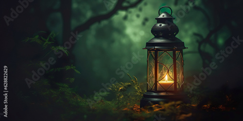 Mysterious lit old lantern in the woods at night. Halloween and magic concept. 