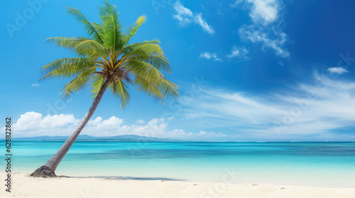 Beautiful palm tree on tropical island beach on sky background. Generative ai © LFK