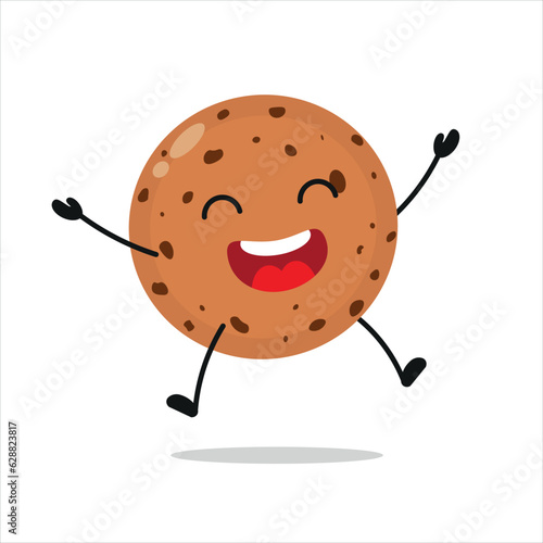 Cute happy cookie character. Funny victory jump celebration biscuit cartoon emoticon in flat style. bakery emoji vector illustration