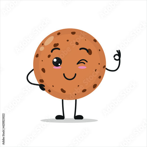 Cute happy cookie character. Funny smiling and blink biscuit cartoon emoticon in flat style. bakery emoji vector illustration