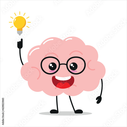Cute smart brain character. Funny brain got inspiration idea cartoon emoticon in flat style. encephalon emoji vector illustration