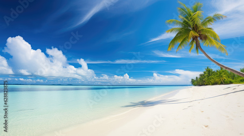 Beautiful beach background with white sand turquoise ocean blue sky and palm tree. Generative ai