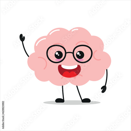 Cute happy brain character. Smiling and greet brain cartoon emoticon in flat style. encephalon emoji vector illustration