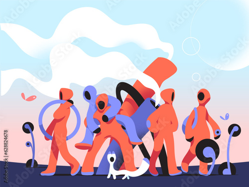 A group of characters with hoodies and hoods interact inside an abstract and futuristic scenario.