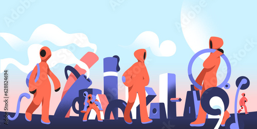 A group of characters with hoodies and hoods interact inside an abstract and futuristic scenario.