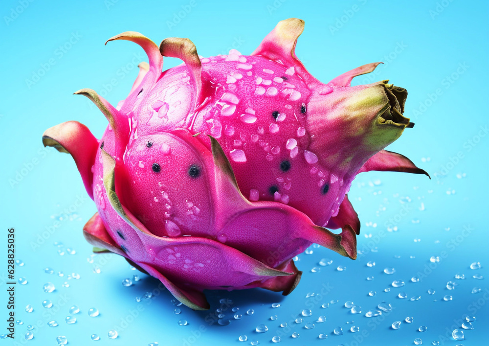 Whole pink pitaya dragon fruit on blue background.Macro.AI Generative Whole pink pitaya dragon fruit on blue background.Macro.AI Generative
