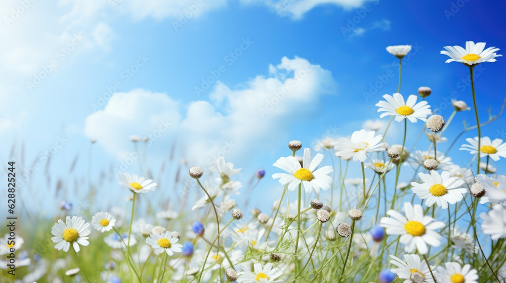 Background of meadow flowers, white leaf daisies and clouds in blue sky. Generative ai
