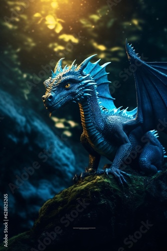 3d rendering of a fantasy blue dragon on dark background. © vachom