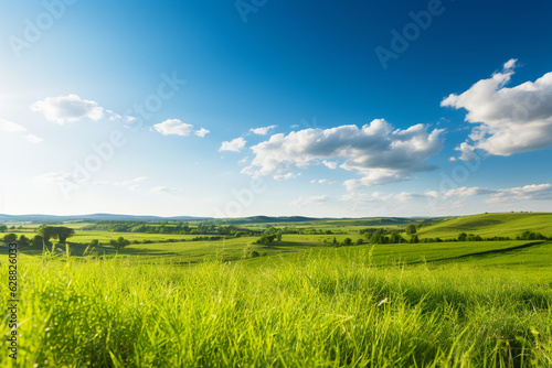 Nature landscape, Perfect field of spring grass meadow in sunlight, countryside springtime landscape fluffy clouds on a bright blue sky