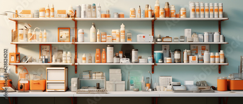 Modern Pharmacy Drugstore with Shelves full of Medicine, Drugs, Vitamin Boxes, pill, Supplements, Health Care Products