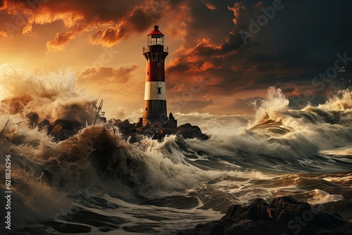 Big storm with big waves near a lighthouse. AI generated image.
