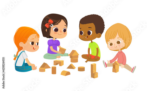 Smiling multicultural kids sit on floor in circle, play with toy cubes and talk. Children's entertainment, preschool and kindergarten activity concept. Vector illustration for website, banner, poster.