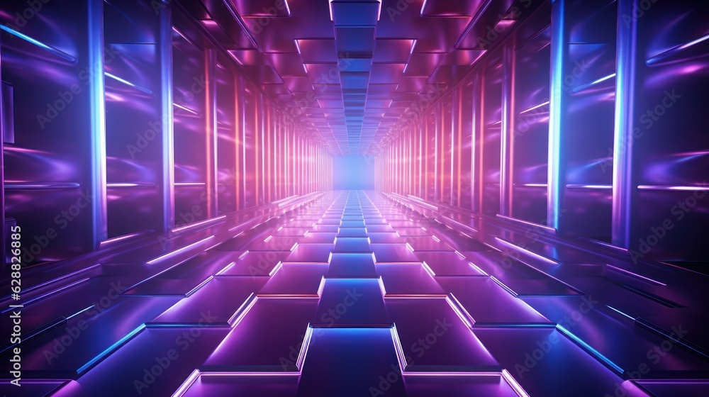 Obraz premium 3D Render, abstract fantastic neon background with rays and glowing lines. Empty performance stage with reflection. Generative AI