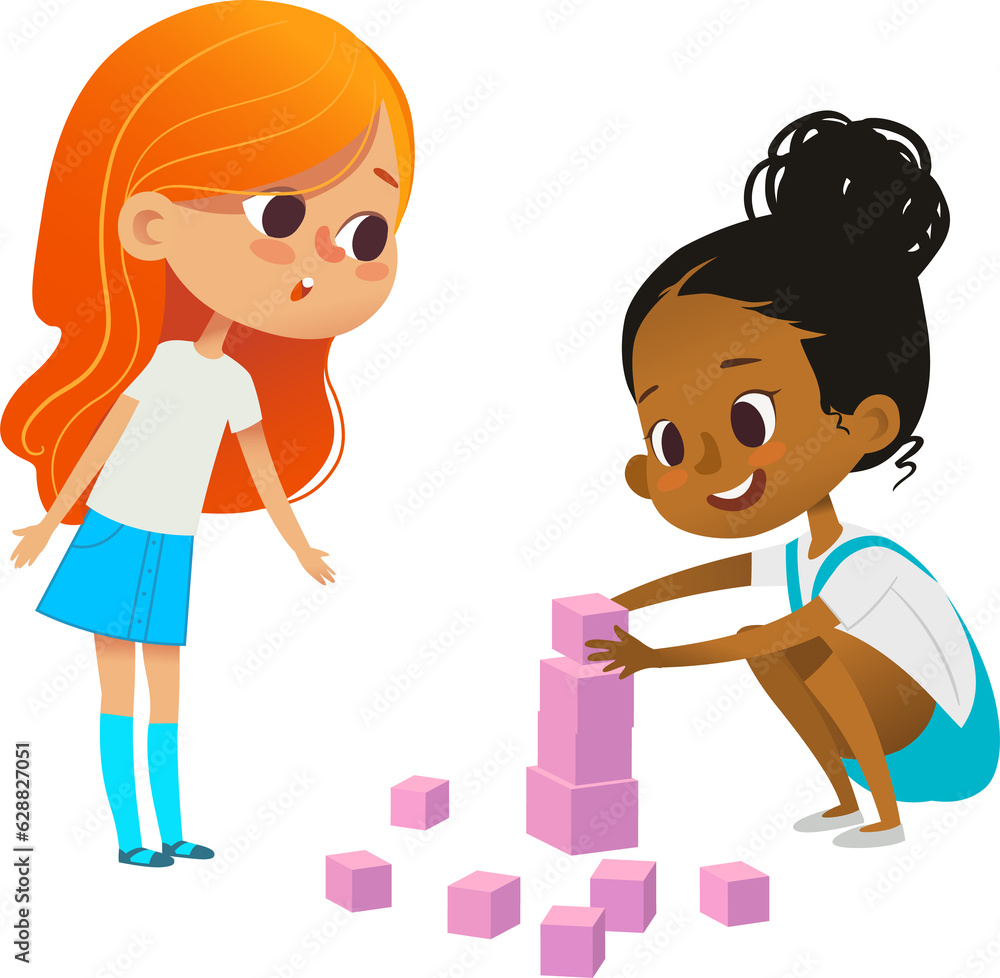 Preschool multicultural kids play with pink blocks build tower with pink cubes. Montessori materials concept.  illustration for poster, banner, website, flyer, advertisement.