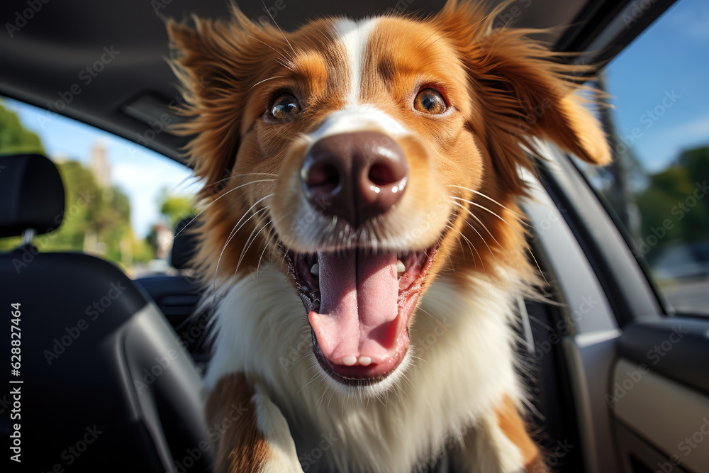 Happy dog travelling in the car and enjoying life