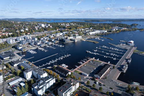 Drone aerial cityscape of the city of Kuopio and the marina. Eastern finland Europe