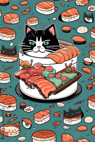 an illustrated t-shirt design featuring a cartoon cat and  sushi. A very cute style of drawing. 