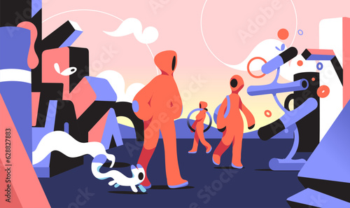 A group of characters with hoodies and hoods interact inside an abstract and futuristic scenario.