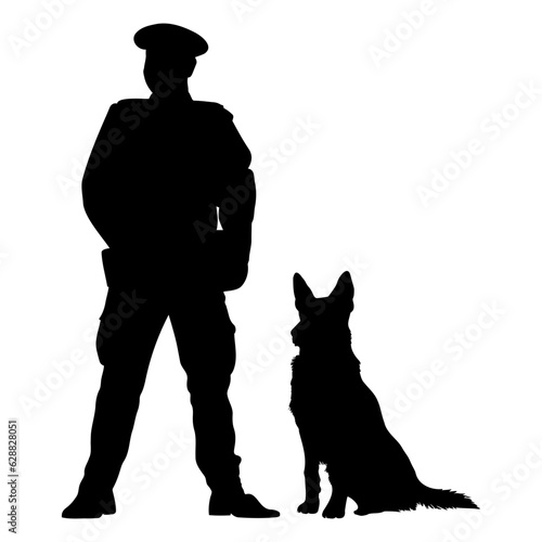 Security guard and dog standing silhouette. vector illustration