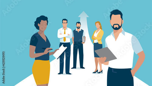 Success. Experts. Team of five people standing in front of the rising path. Business flat vector illustration. 