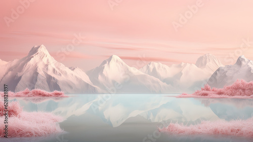 Futuristic mountains landscape, pink sky. AI generated © Polli Deeva