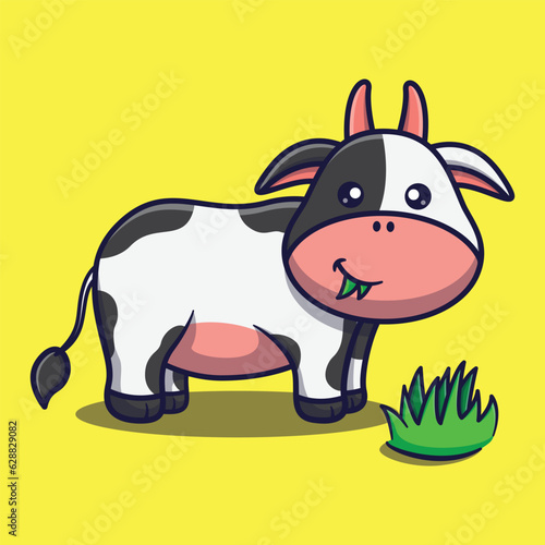 cute cow eating grass cartoon vector icon animal illustration kawaii