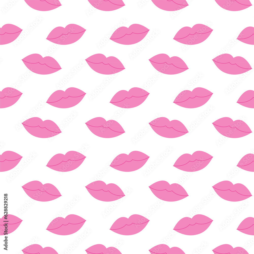 Pattern of pink lips on white background. Vector glam pink lips cartoon seamless pattern