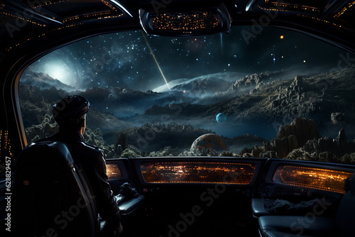 Futuristic Cockpit of spaceship control system room with planets view scenery, Outer space, astronaut. Planet horizon