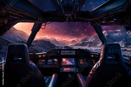 Fototapeta Naklejka Na Ścianę i Meble -  Futuristic Cockpit of spaceship control system room with planets view scenery, Outer space, astronaut. Planet horizon
