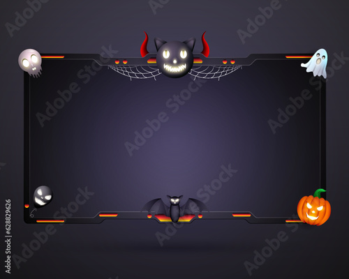 Dark Halloween Theme Stream overlay Webcam Frame with Skull, Pumpkin, Ghost, Bat, Black Cat and Spooky Halloween Elements for Halloween Celebration Video Broadcast