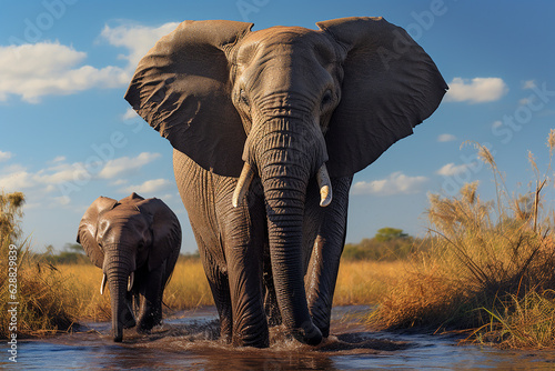 Powerful Elephants Walking on Savannah Prairie. Generative AI