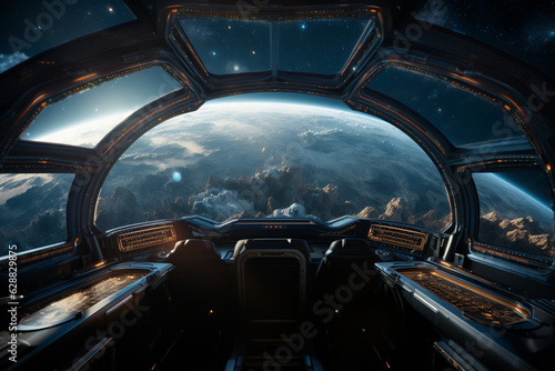 Fototapeta Naklejka Na Ścianę i Meble -  Futuristic Cockpit of spaceship control system room with planets view scenery, Outer space, astronaut. Planet horizon